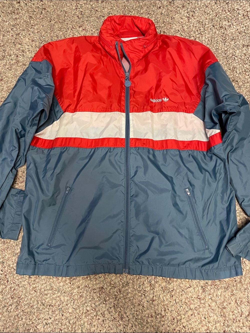 Vintage 80s adidas Colorblock Rain Jacket with hidden hood Red, White & Blue